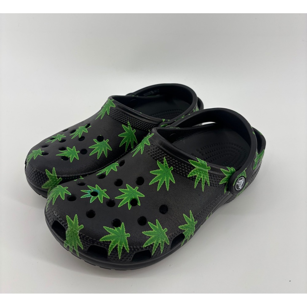 Crocs Classic Hemp Leaf Clogs Men's 5 Women's 7 Black & Green Hippie Pot